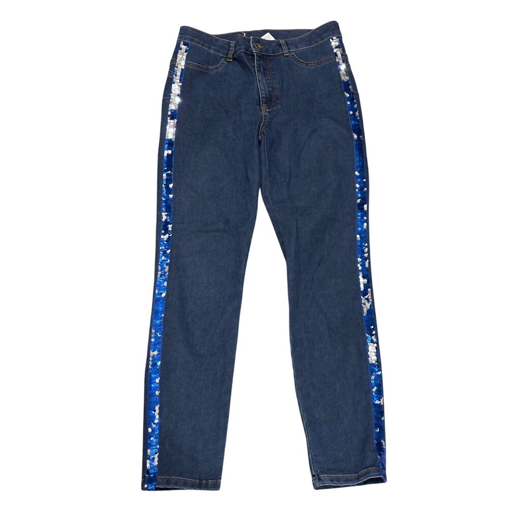 Calzedonia L large denim jean legging with sequin tuxedo side blue silver euc
